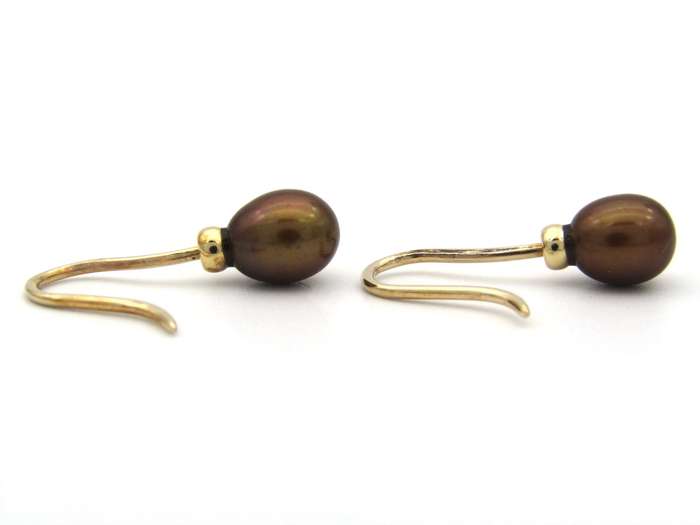 9K gold freshwater pearl dangle earrings.