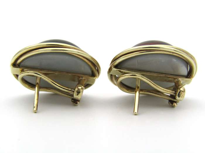 9K gold round mabé pearl earrings, circa 1980's.
