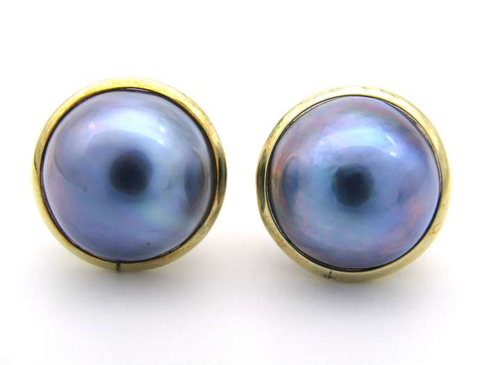 9K gold round mabé pearl earrings and enhancer set.