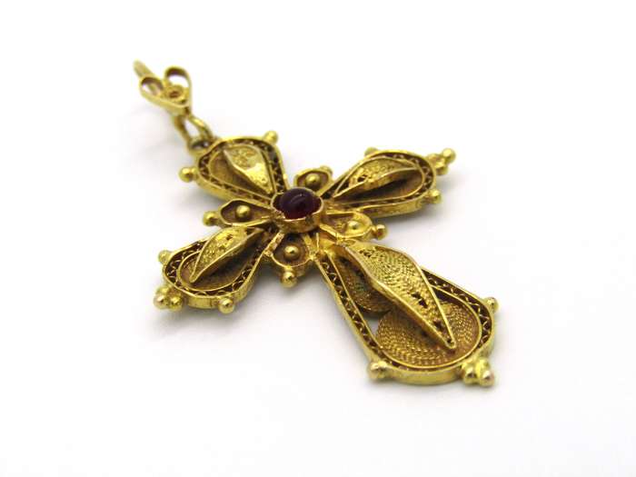 18kt gold filigree ruby cross, Circa 1940.