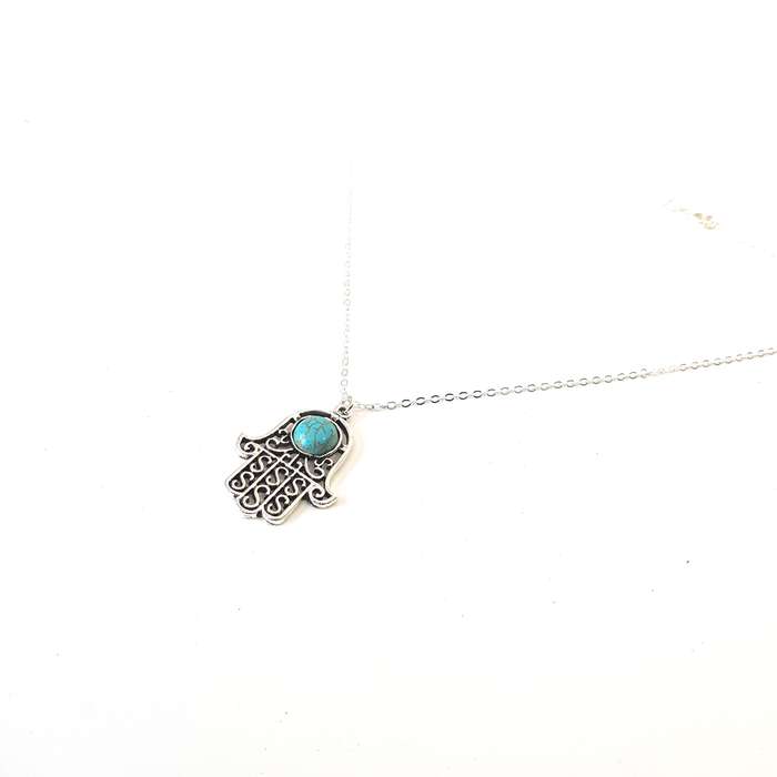 Turquoise Detailed Hamsa Hand Charm Chain Necklace