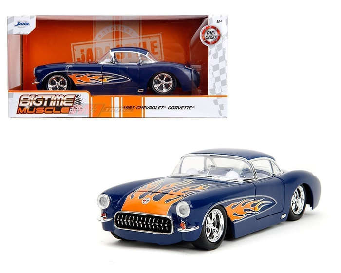 JADA CHEVROLET CORVETTE BTM DARK BL W FLAMES 1957 1/24