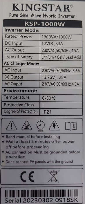 Kingstar 1000W Pure Sine Hybrid Inverter 12V DC