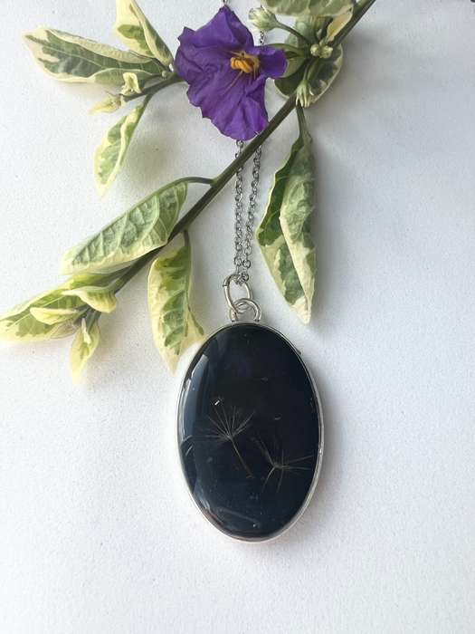 Real Dandelion Necklace in Black Setting Resin jewellery