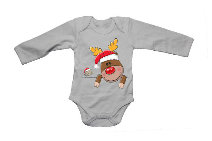 Peeking Christmas Reindeer & Bird - Baby Grow