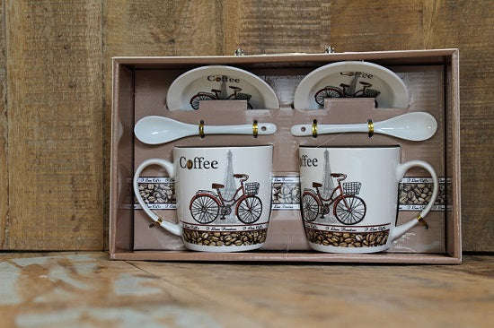 Bicycle Eiffel Tower Coffee Gift Box with 2 Printed Cups, Saucers & Spoons