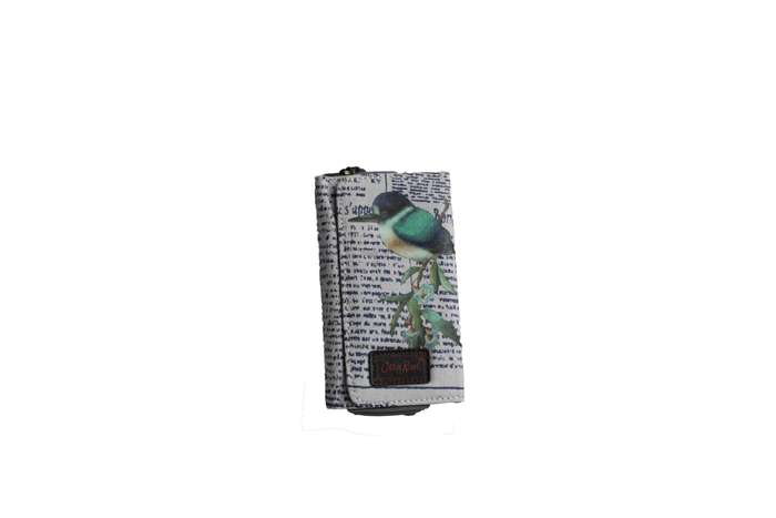 Grey Compact Purse with Newspaper Design & Bird Detail (150mm x 90mm)