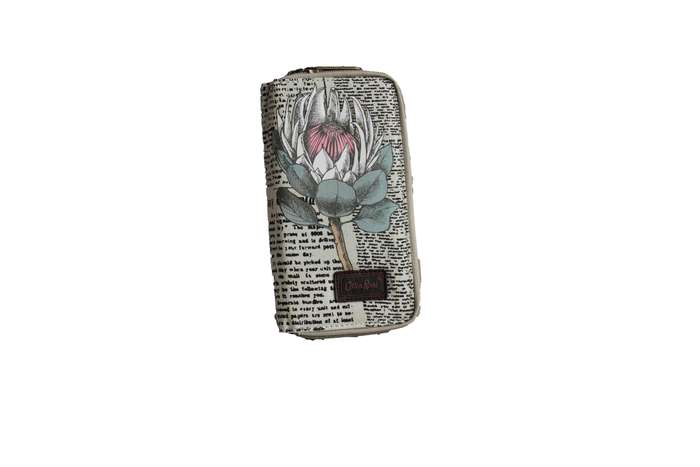 Beige Large Purse with Newspaper Design & Protea Detail
