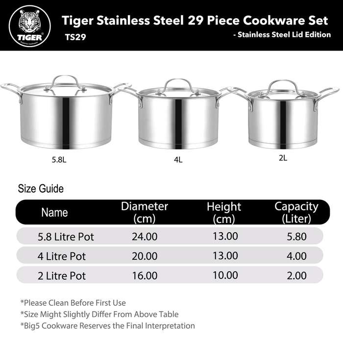 New Arrival!!! Tiger Stainless Steel 29 Piece Cookware Set - Stainless Steel Lid Edition