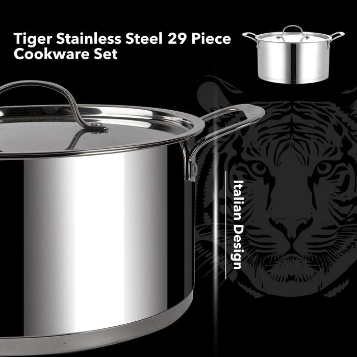 New Arrival!!! Tiger Stainless Steel 29 Piece Cookware Set - Stainless Steel Lid Edition