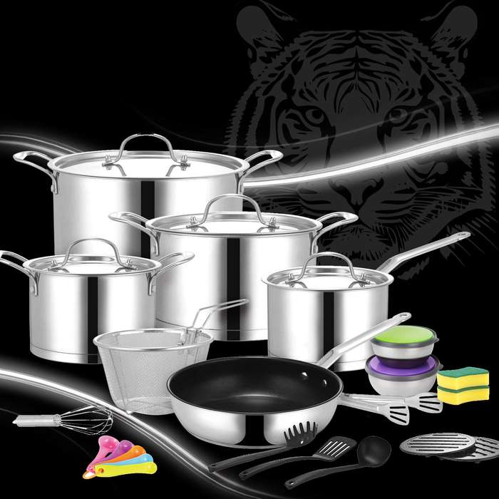 New Arrival!!! Tiger Stainless Steel 29 Piece Cookware Set - Stainless Steel Lid Edition