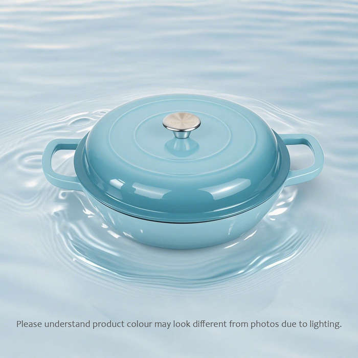 La Cocina 30cm Turquoise Cast Iron Shallow Round Casserole Paella Pot - 3.5 Liter
