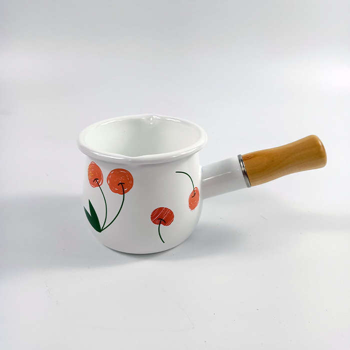 Agate Enamel Saucepan Milk Pan Mini Butter Warmer with Wooden Handle 10cm
