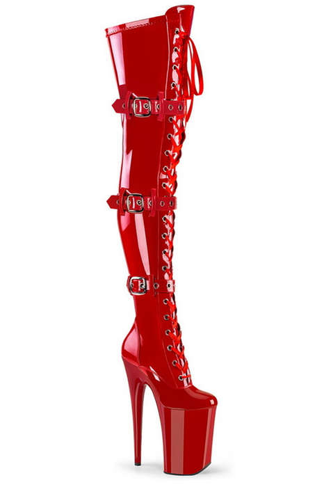 Red Pat 9" Ribbon Lace Up Thigh High Boot