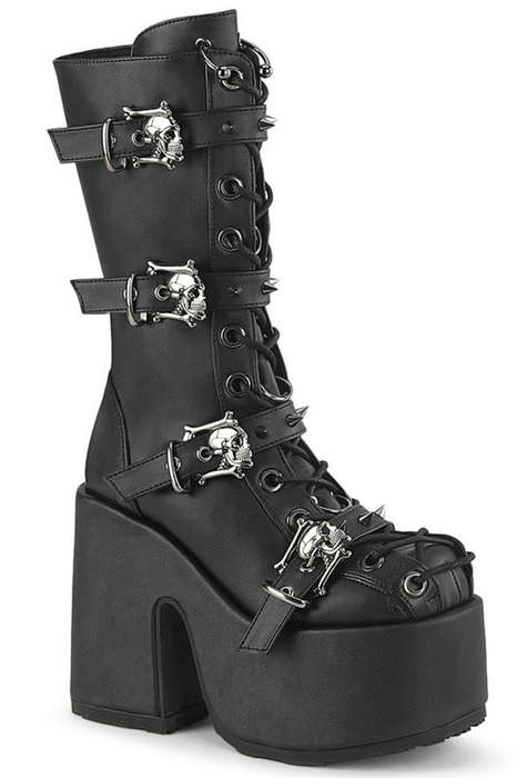 Black Vegan Leather Corset Lacing Mid Calf Boot