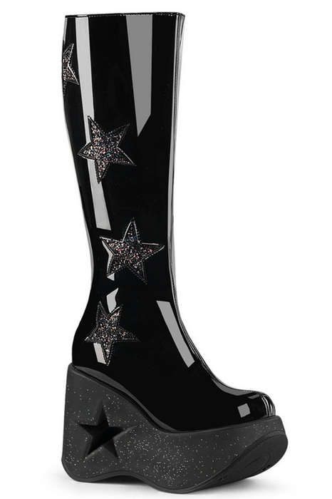 Black Patent 5" Wedge Glitter Star Knee High Boot