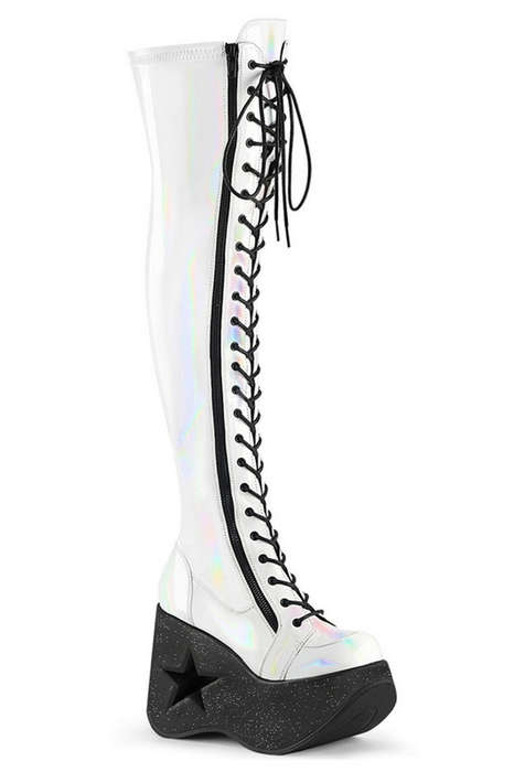 White Holo 5" Wedge Star Cut Thigh High Boot