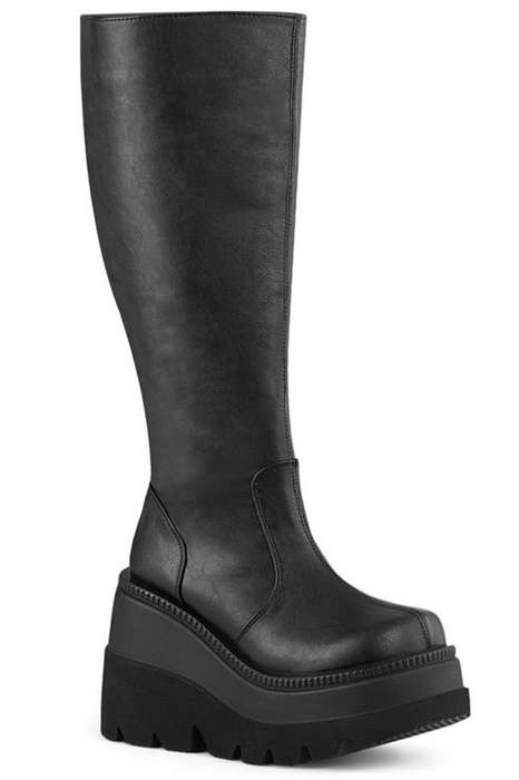 Black Vegan Leather Wide Calf Knee High Platform Boot