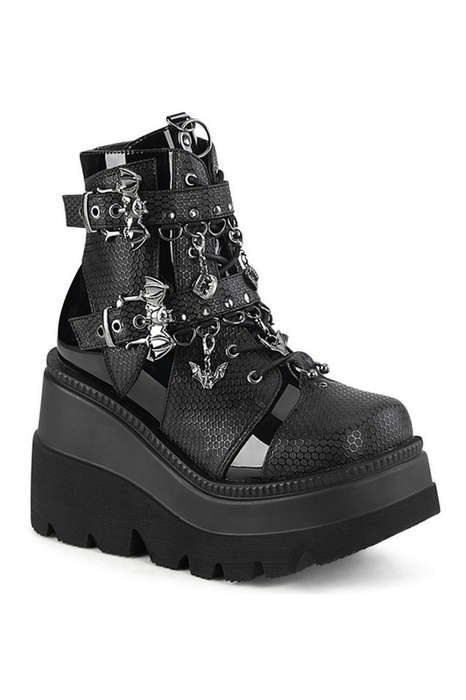 Black Vegan Leather 4 1/2" Bat Buckle Ankle Boot