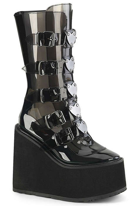 Black TPU Heart Buckle Mid Calf Boot