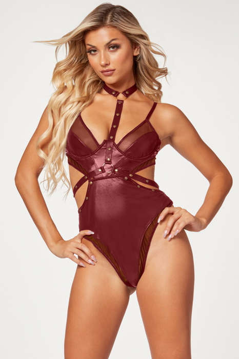 Wine Midnight Love Vegan Leather Lingerie Teddy