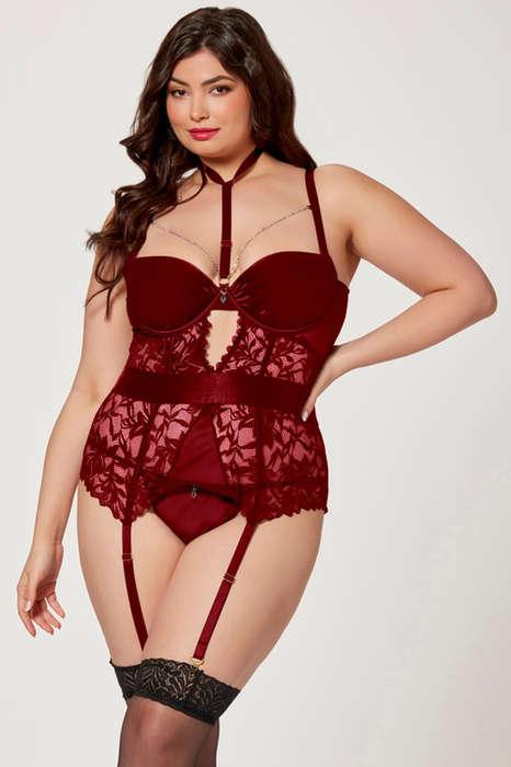 Plus Size Wine Brilliant Bling Bustier & G-String