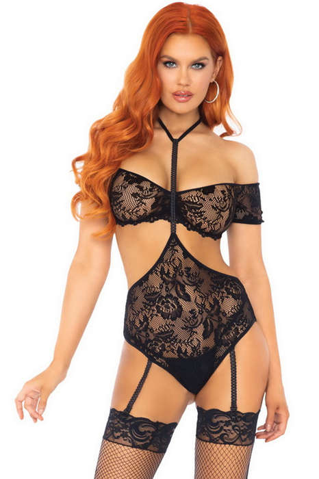 Black Lace Bandeau & Harness Teddy Set