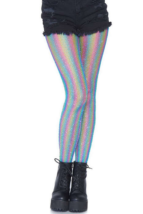 Blue Lurex Rainbow Fishnet Tights