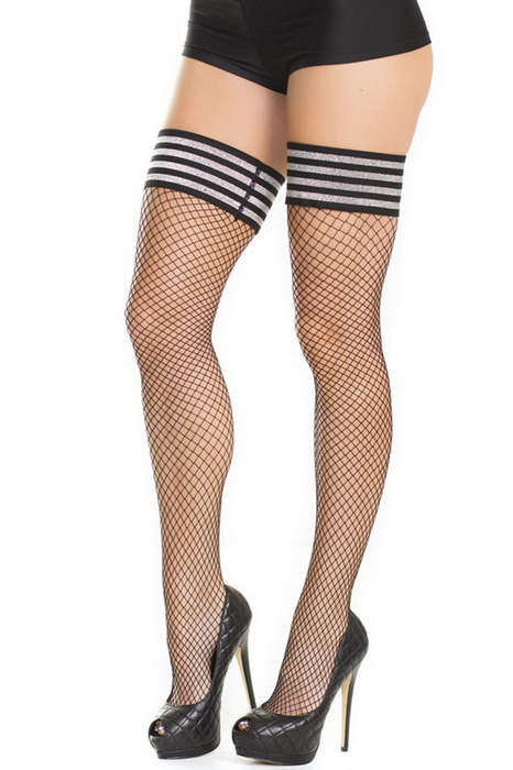 Plus Size Metallic Stripe Fishnet Thigh Highs