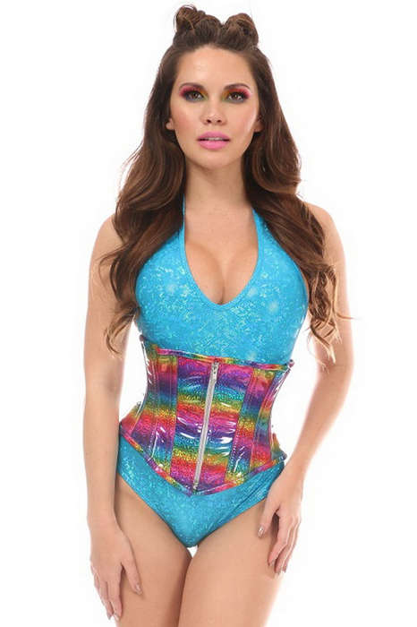 Rainbow Glitter Holo Steel Boned Mid Under Bust Corset