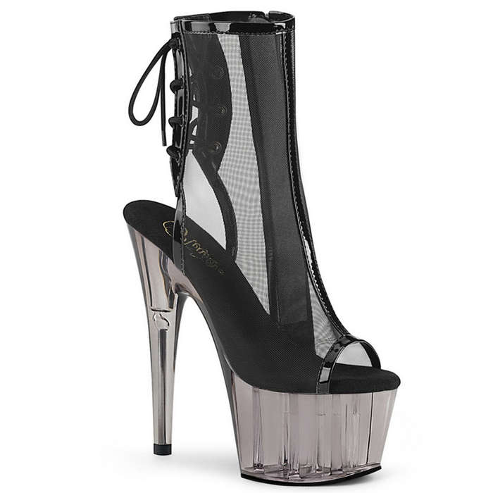 7" Heel Black Mesh & Smoke Tinted Platform Ankle Boots