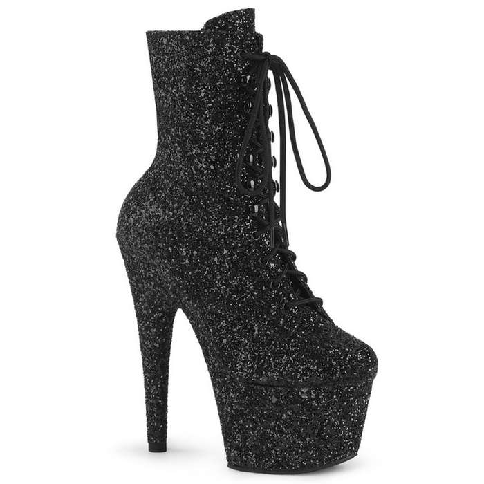 7" Heel Black Glitter Lace-Up Front Ankle Boots