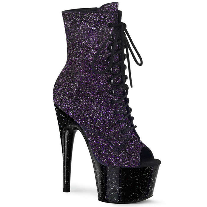 7" Heel Purple Glitter Peep Toe Ankle Boots