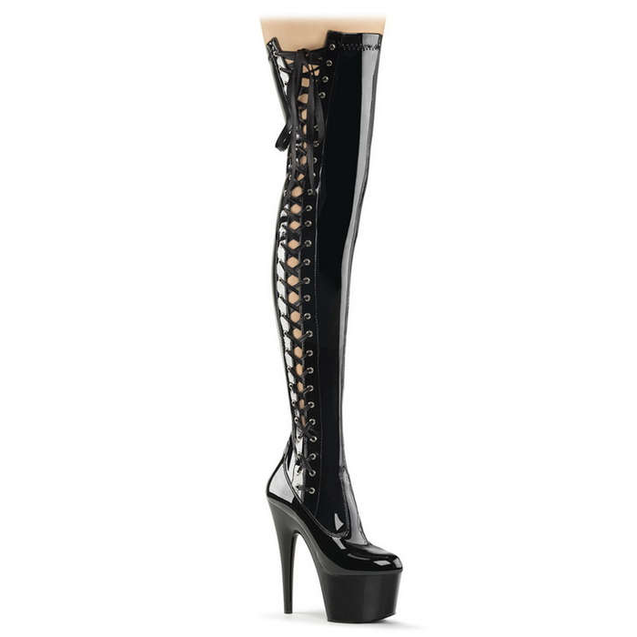 7" Stiletto Heel Black Patent Thigh High Boots