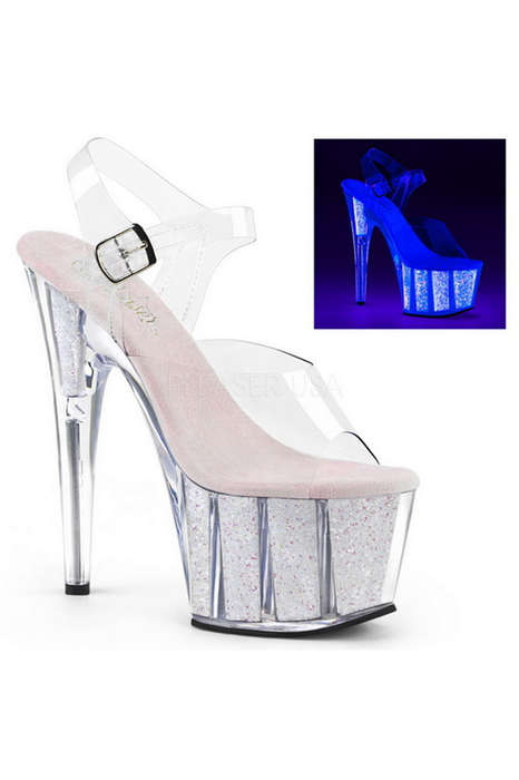 7" Clear Blacklight Glitter Ankle Strap Sandal