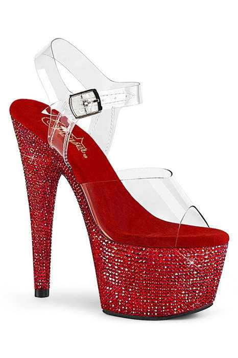 7" Heel Red Rhinestones Encrusted Platform Ankle Strap Sandals