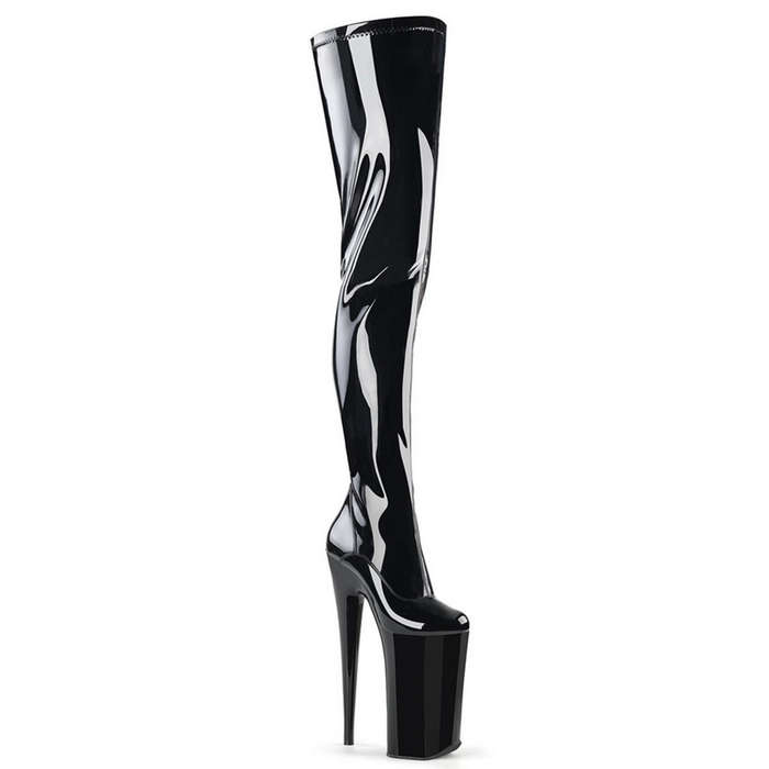 10" Heel Black Stretch Patent Crotch Boots