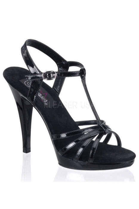 4 1/2" Heel Black Patent T-Strap Sandals