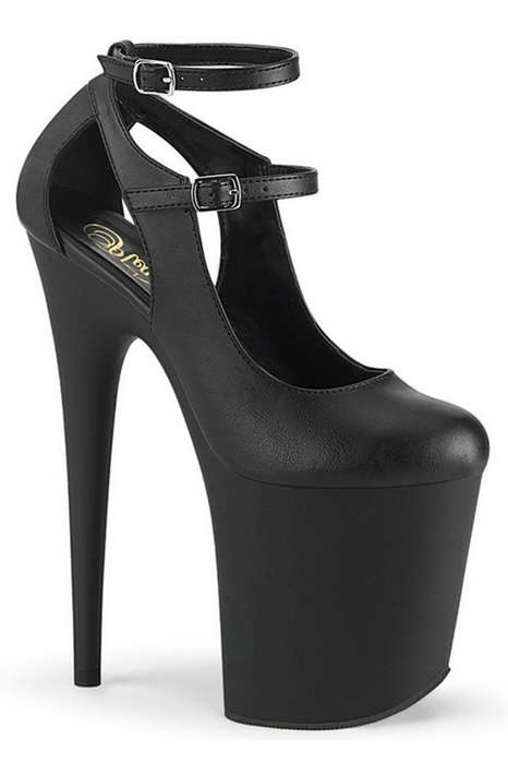 8" Heel Black Faux Leather Mary Jane Pumps