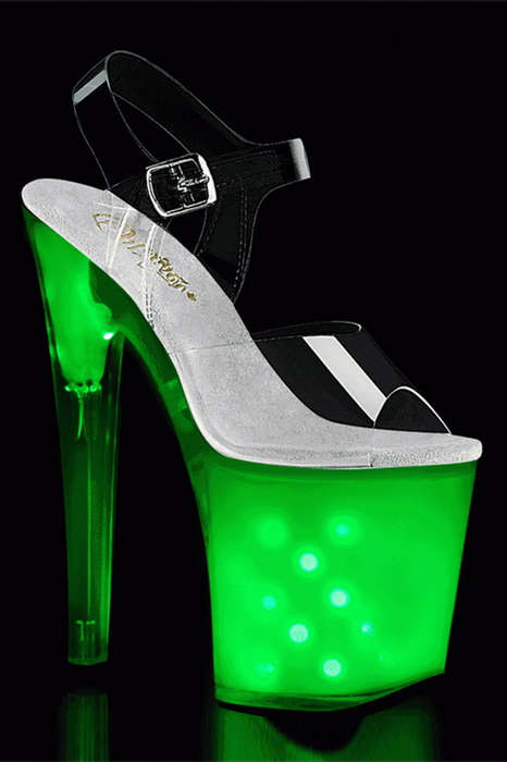 8" Heel Clear & White Glow LED Light-Up Platform Ankle Strap Sandals