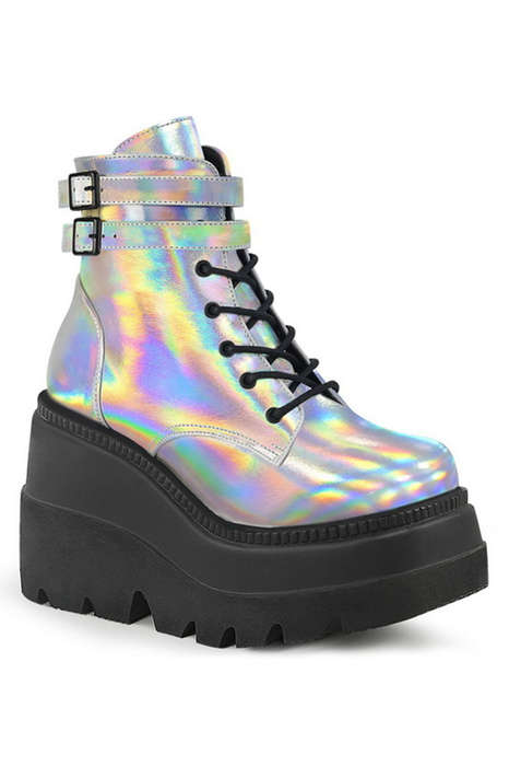4 1/2" Stacked Wedge Silver Hologram Ankle Boots