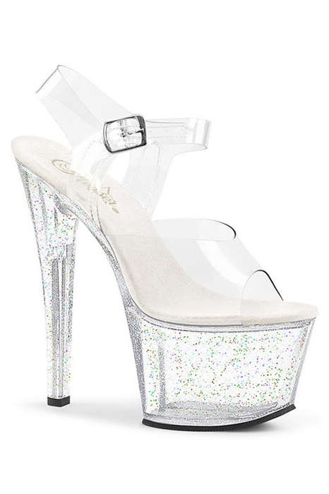 7" Heel Clear Mini Iridescent Glitter Ankle Strap Sandals
