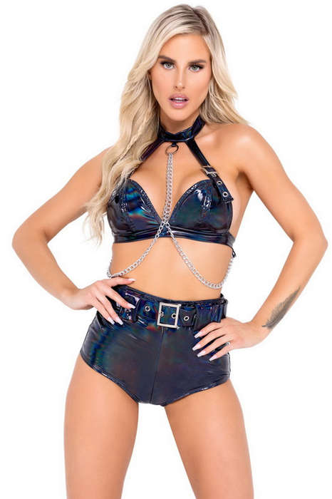 Black Holographic Vinyl Buckle Top