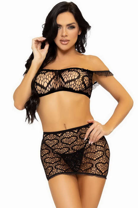 Black Seamless Heart Net Bralette Set