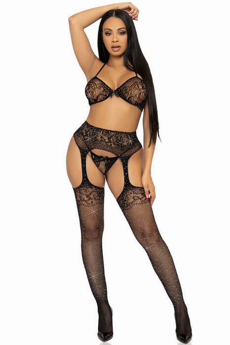 Black Rhinestone Net Bra Set