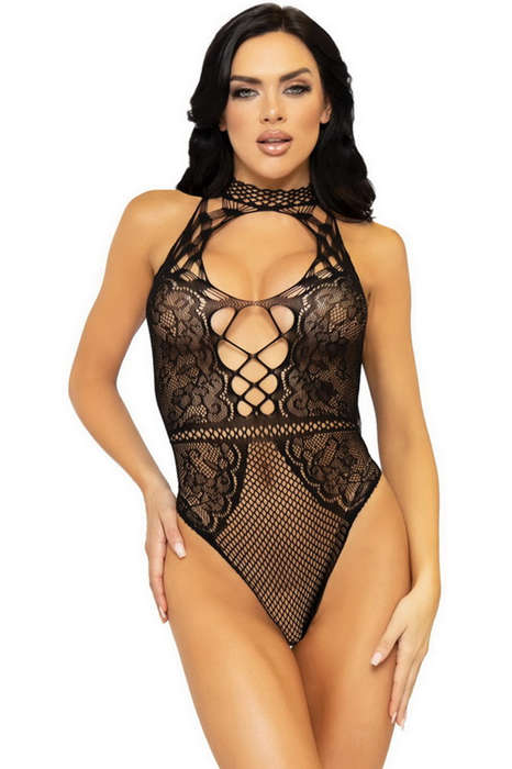 Black Net & Lace Halter Lingerie Teddy