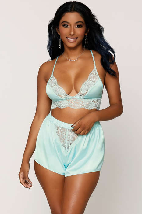 Mint To Be Satin & Lace Bralette & Shorts