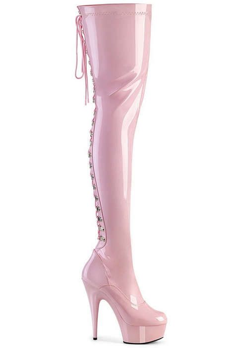 Baby Pink Lace Up Thigh High Heel Boots
