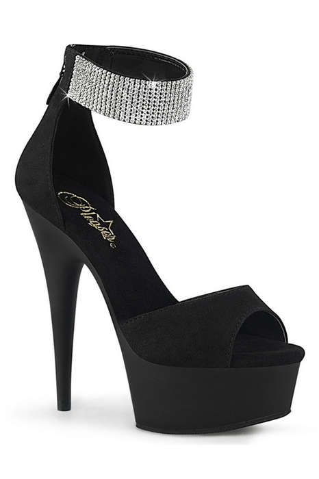 6" Black Faux Suede Rhinestone Ankle Strap Sandals