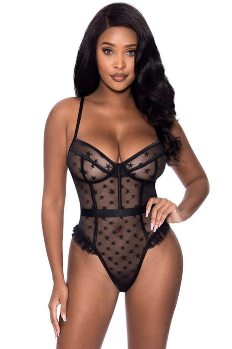 Black Love Star Snap Crotch Lingerie Teddy